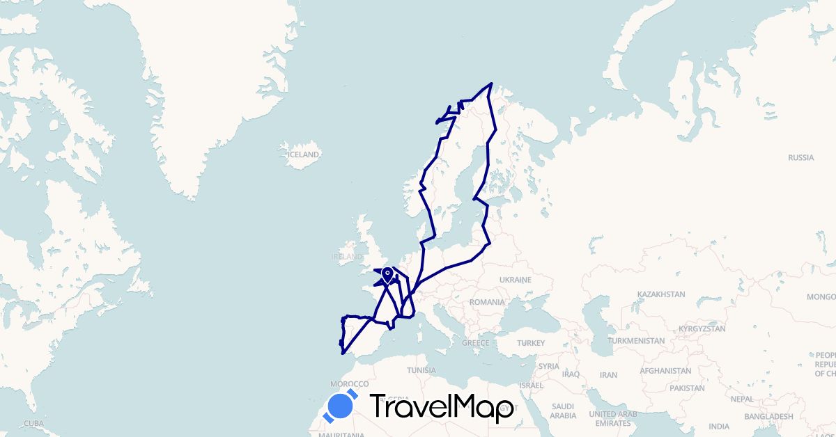 TravelMap itinerary: driving in Andorra, Belgium, Switzerland, Germany, Denmark, Estonia, Spain, Finland, France, United Kingdom, Italy, Lithuania, Latvia, Norway, Poland, Portugal, Sweden (Europe)